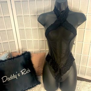 Black Sheer Teddy with lace Accents, Halter Neck Size Small